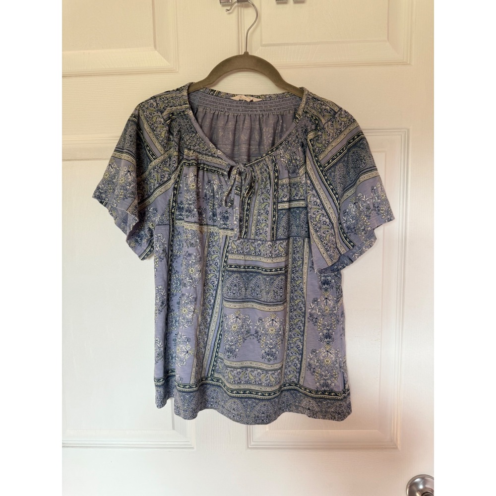 Lucky Brand Women Purple/Blue Paisley Floral Smocked Neck Boho Peasant Top Med